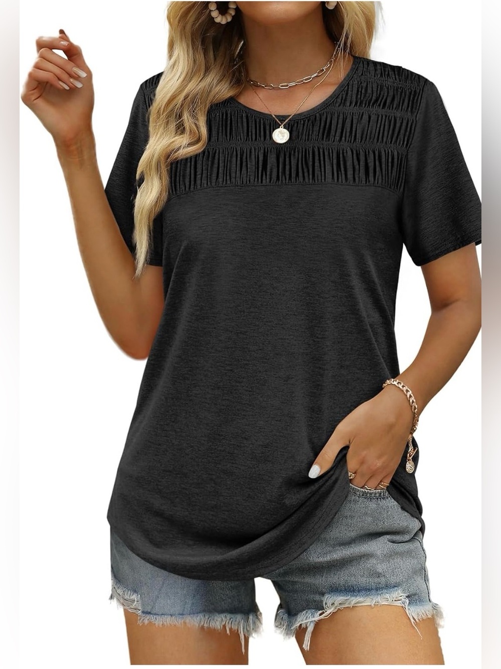 OFEEFAN Women's Summer Tops 2026 Trendy Short Sleeve Shirts Smocked Crewneck Tee